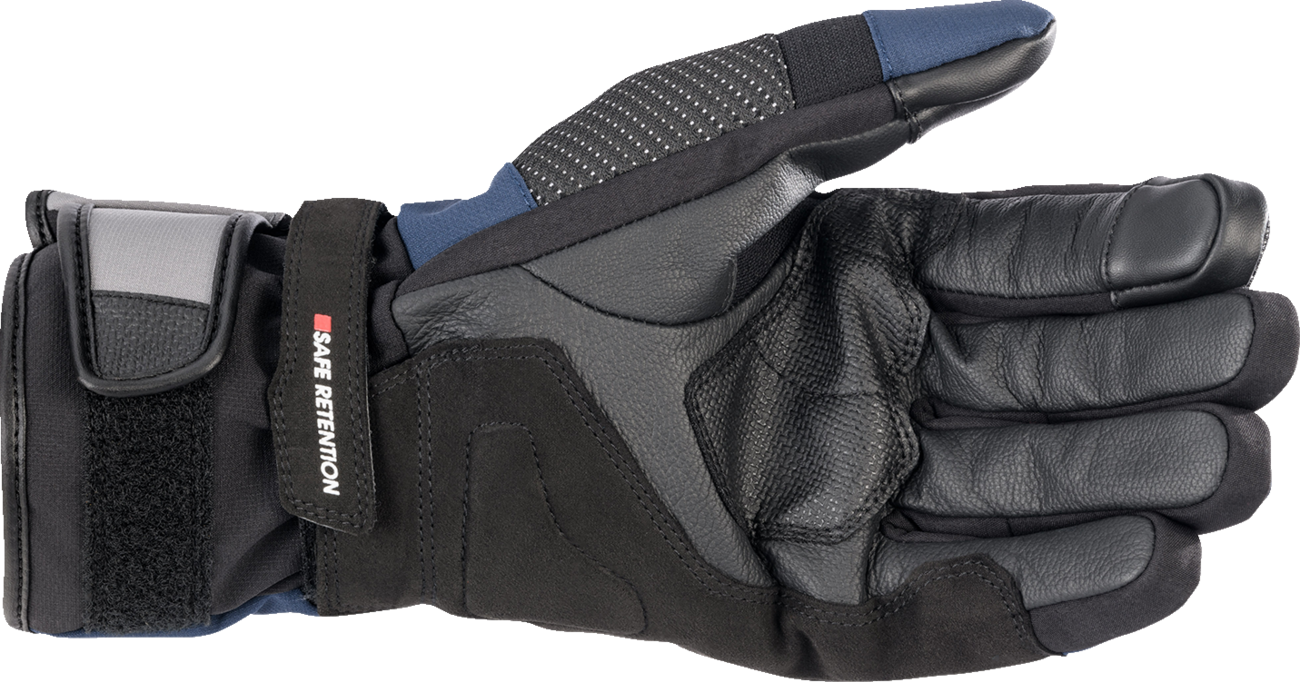 Alpinestars Andes V3 Drystar® gloves in black and dark blue, 2XL, showing the padded knuckles and adjustable wrist straps.