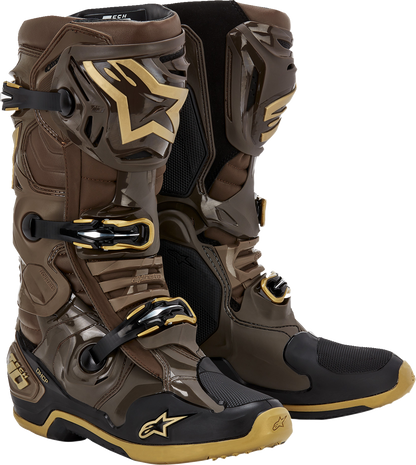Alpinestars Squad '23 Tech 10 motorcycle boots in brown and gold with durable design and protective features.
