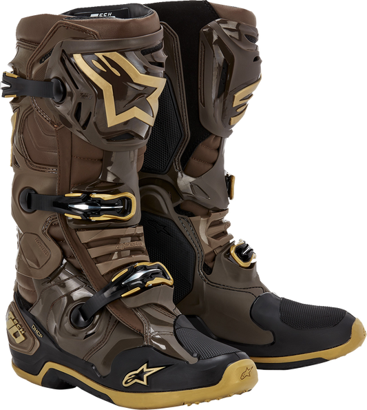 Alpinestars Squad '23 Tech 10 motorcycle boots in brown and gold with durable design and protective features.