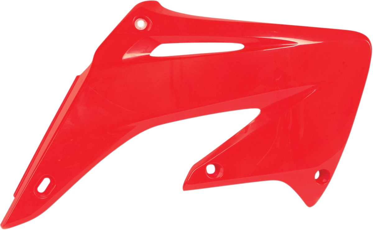 Red ACERBIS radiator shrouds for motorcycle body, featuring brand-specific design and vibrant color detail.