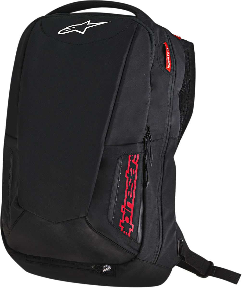 Alpinestars City Hunter backpack in black and red with multiple compartments, designed for urban use and durability.