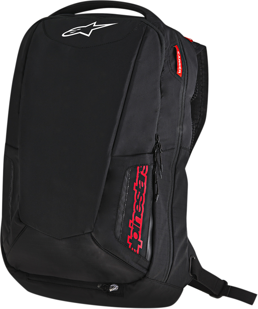 Alpinestars City Hunter backpack in black and red with multiple compartments, designed for urban use and durability.