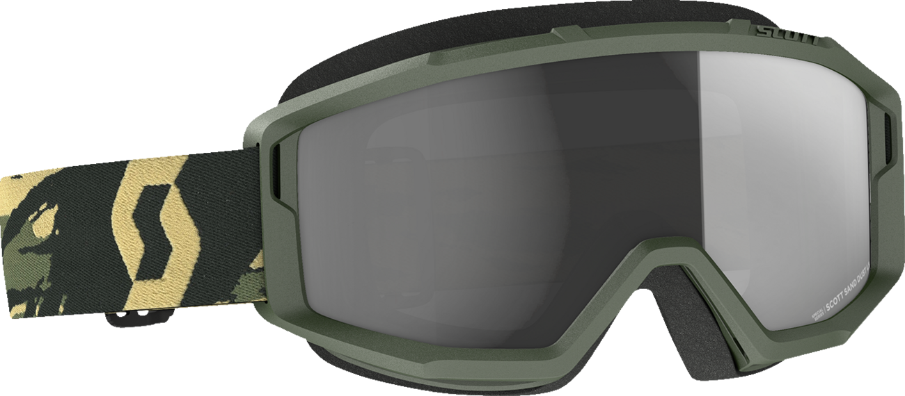 Scott Primal Sand Dust Goggles in camo khaki and dark gray, designed for motorcycle or outdoor use, with durable frame and adjustable strap.