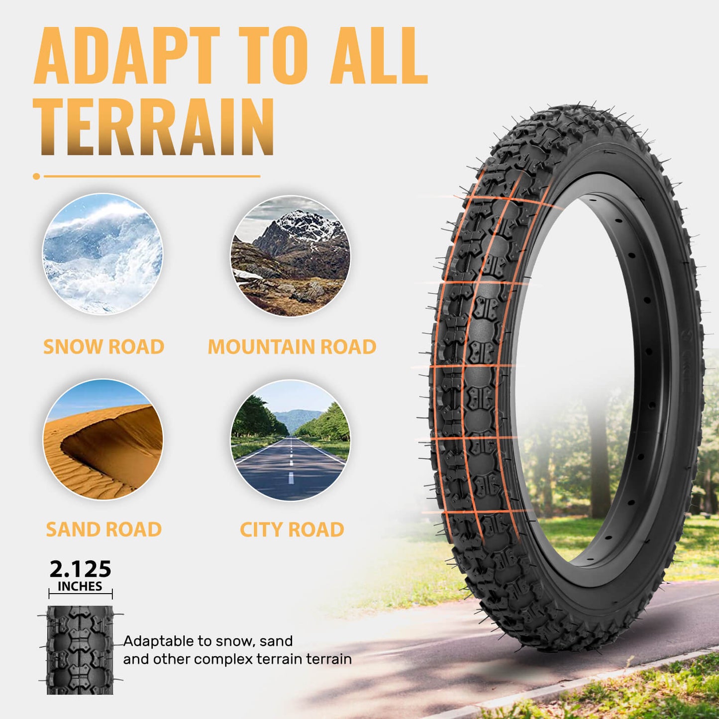 Hycline Bowlite bicycle tires in 12.5", 14", 16", and 20" sizes with 2.125-inch width, shown in the image.