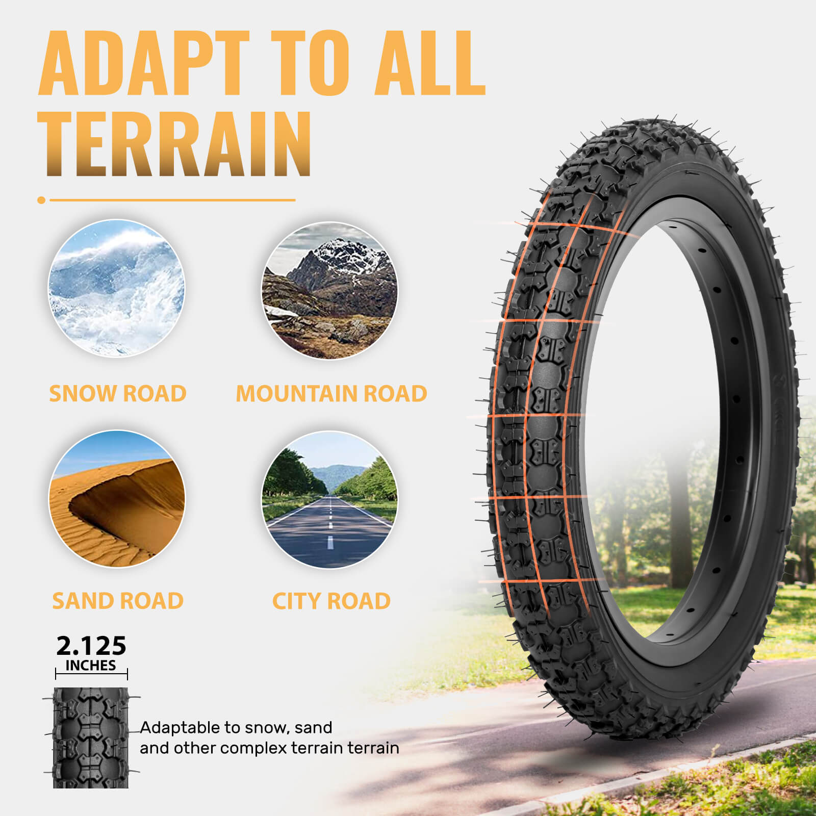 Hycline Bowlite bicycle tires in 12.5", 14", 16", and 20" sizes with 2.125-inch width, shown in the image.