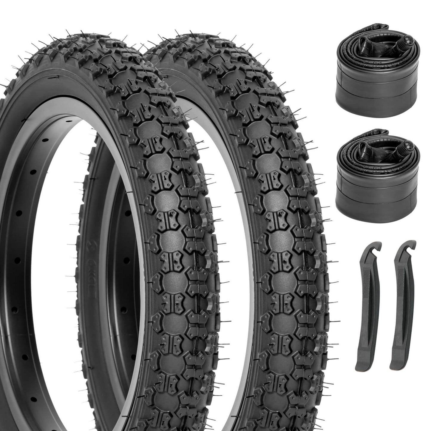 Hycline Bowlite bicycle tires in 12.5”, 14”, 16”, and 20” sizes, featuring durable rubber and tread patterns for smooth riding.