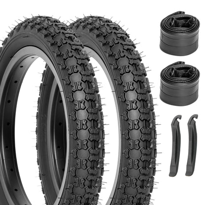 Hycline Bowlite bicycle tires in 12.5”, 14”, 16”, and 20” sizes, featuring durable rubber and tread patterns for smooth riding.