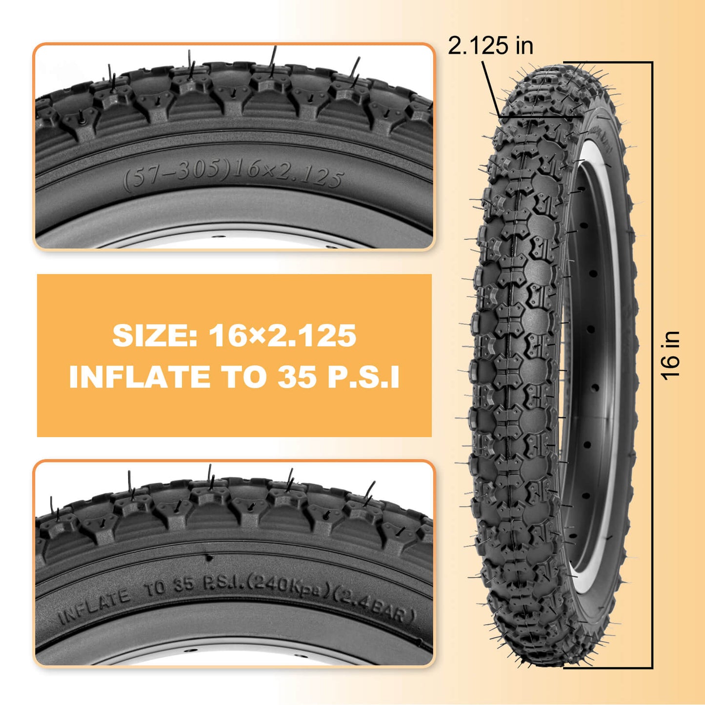 Hycline Bowlite bicycle tires in 12.5", 14", 16", and 20" sizes with 2.125-inch width, designed for durability and performance.