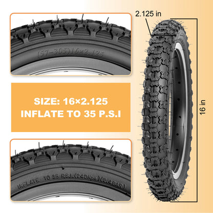 Hycline Bowlite bicycle tires in 12.5", 14", 16", and 20" sizes with 2.125-inch width, designed for durability and performance.