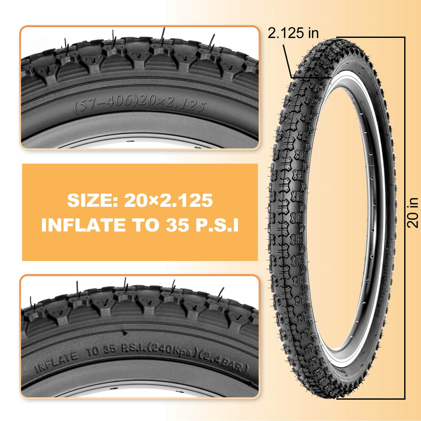 Hycline Bowlite bicycle tires in 12.5", 14", 16", and 20" sizes, featuring dual 2.125-inch width and rugged tread design.