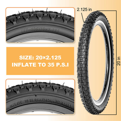Hycline Bowlite bicycle tires in 12.5", 14", 16", and 20" sizes, featuring dual 2.125-inch width and rugged tread design.