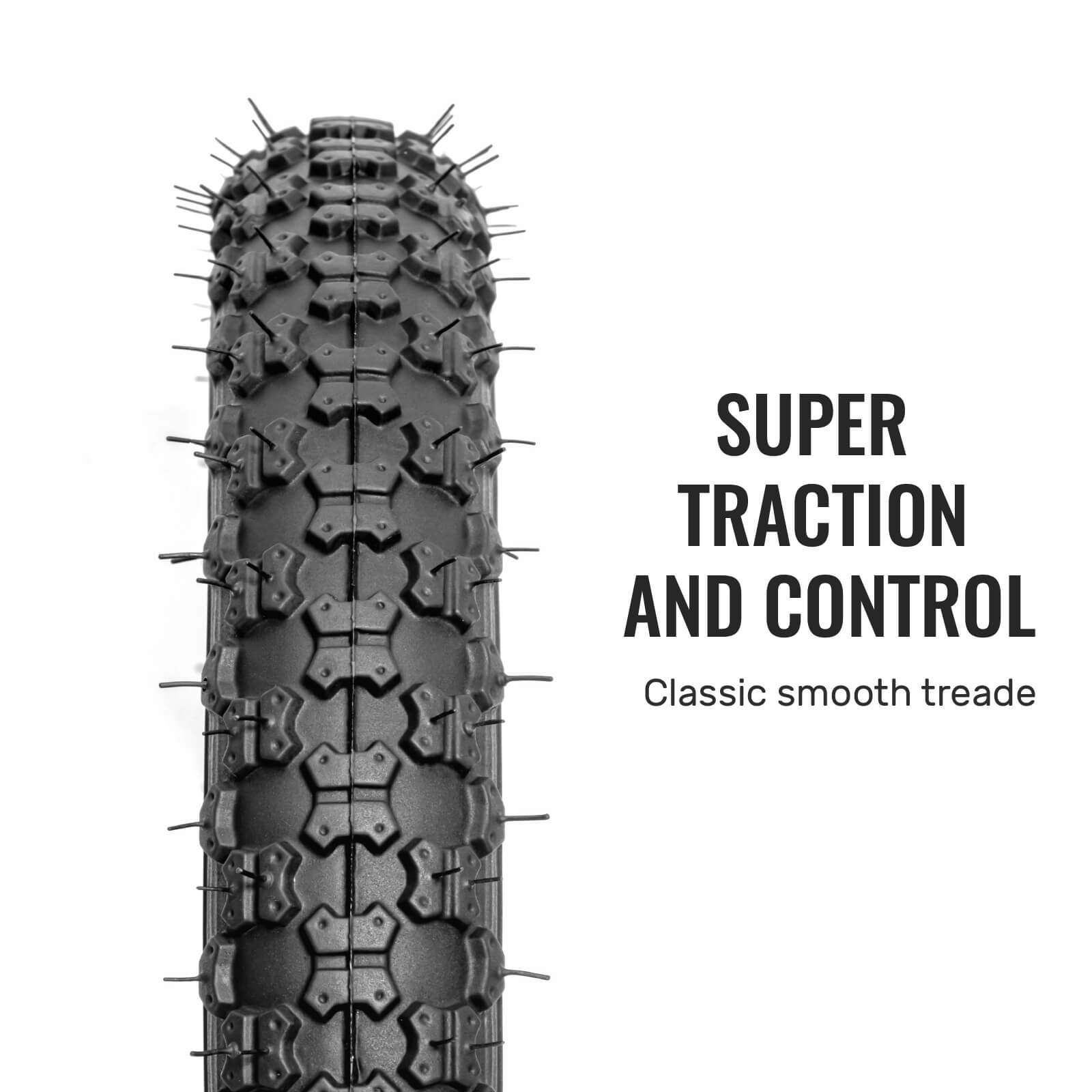Hycline Bowlite bicycle tires in 12.5, 14, 16, and 20-inch sizes with 2.125-inch width, shown mounted on wheels.