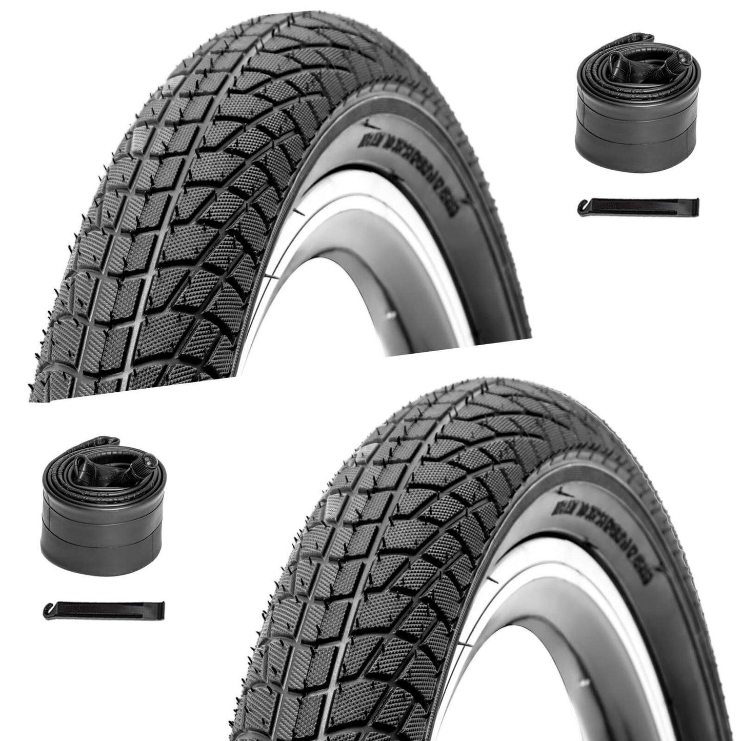 Hycline Endoin bicycle tires in 16x1.95 and 20x2.125 sizes, showing tread pattern and sidewall details.
