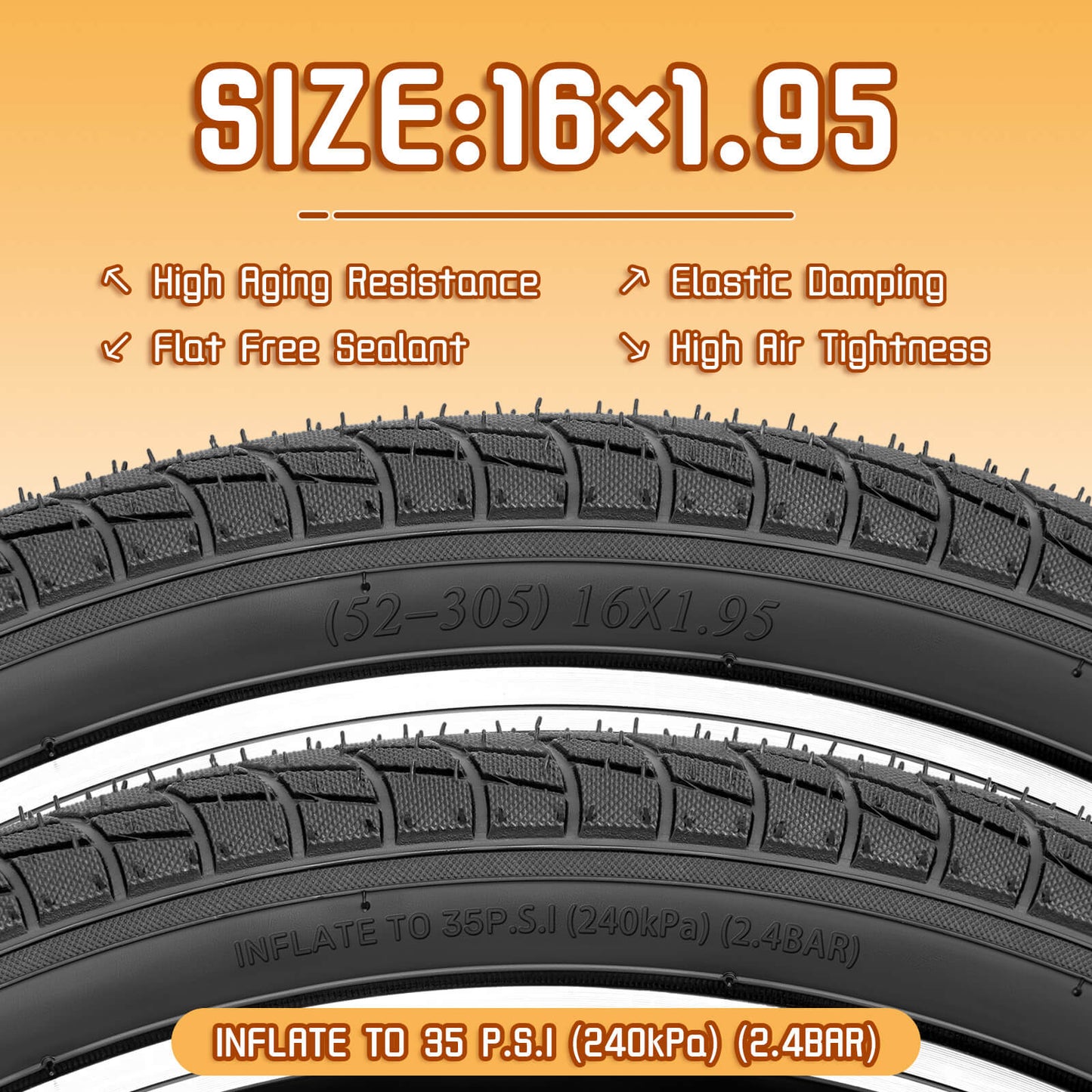 Hycline Endoin bicycle tires, 16x1.95 and 20x2.125 sizes, durable rubber tires with textured tread for cycling performance.