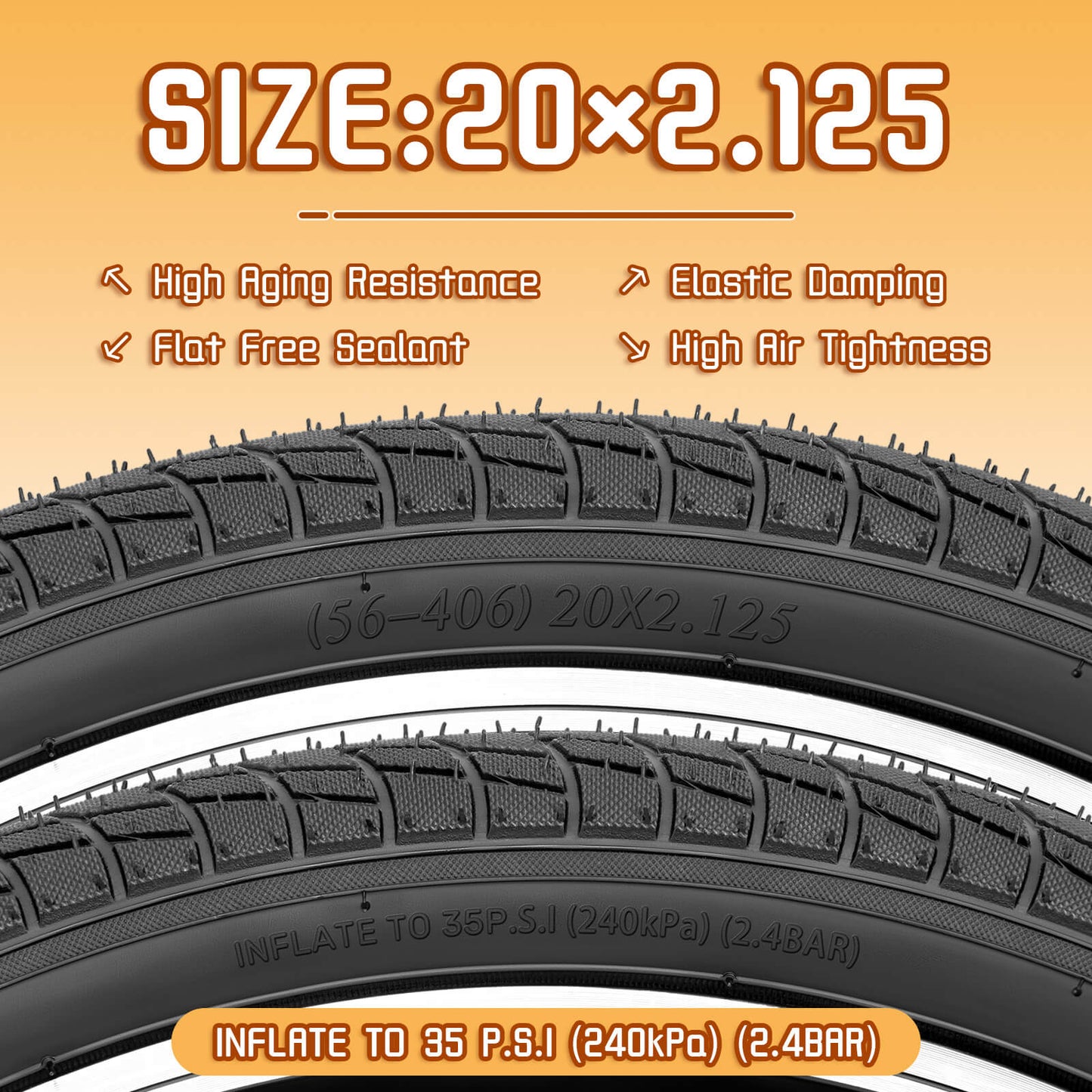 Hycline Endoin bicycle tires, 16×1.95 and 20×2.125 sizes, durable rubber tires with tread pattern for mountain and city biking.