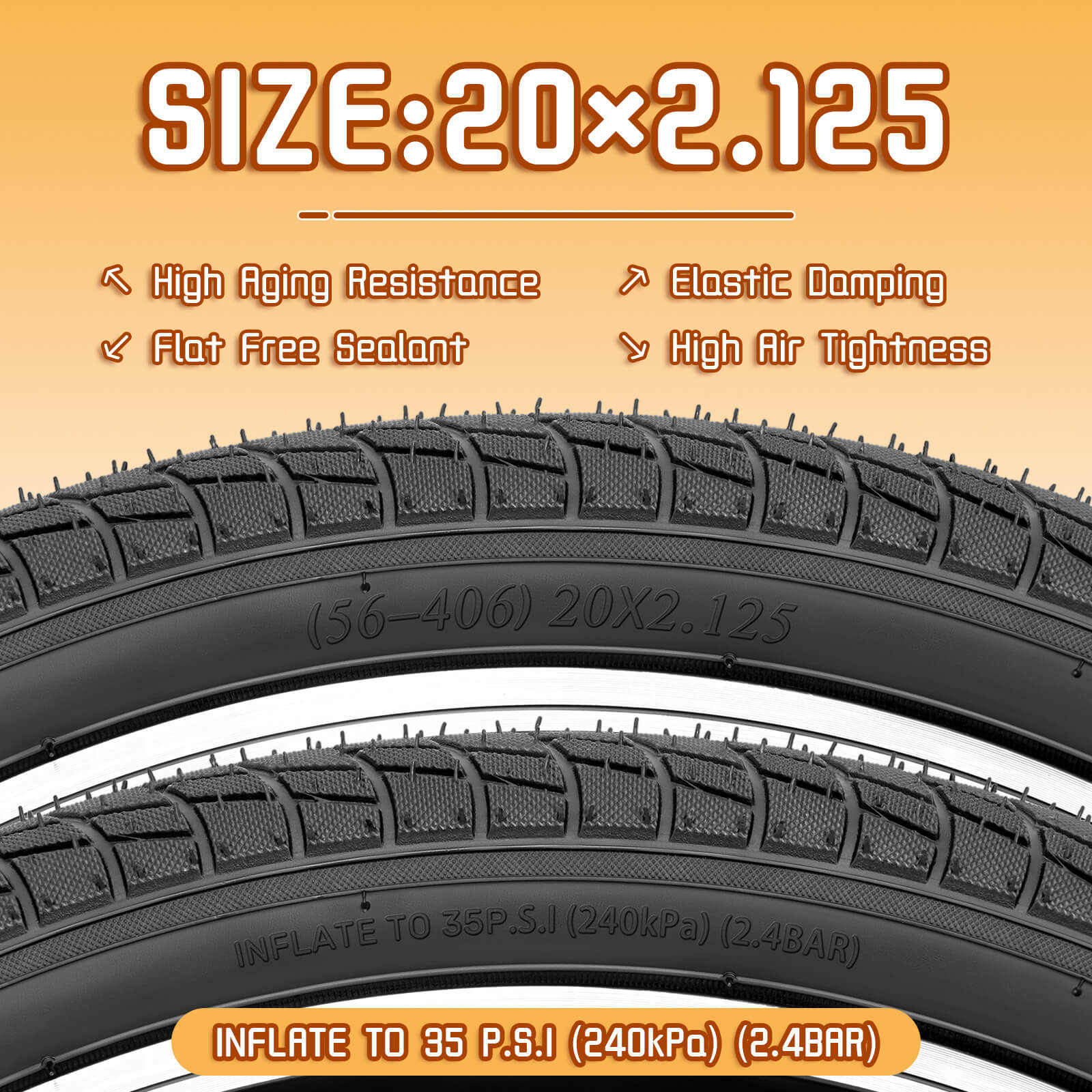 Hycline Endoin bicycle tires, 16×1.95 and 20×2.125 sizes, durable rubber tires with tread pattern for mountain and city biking.