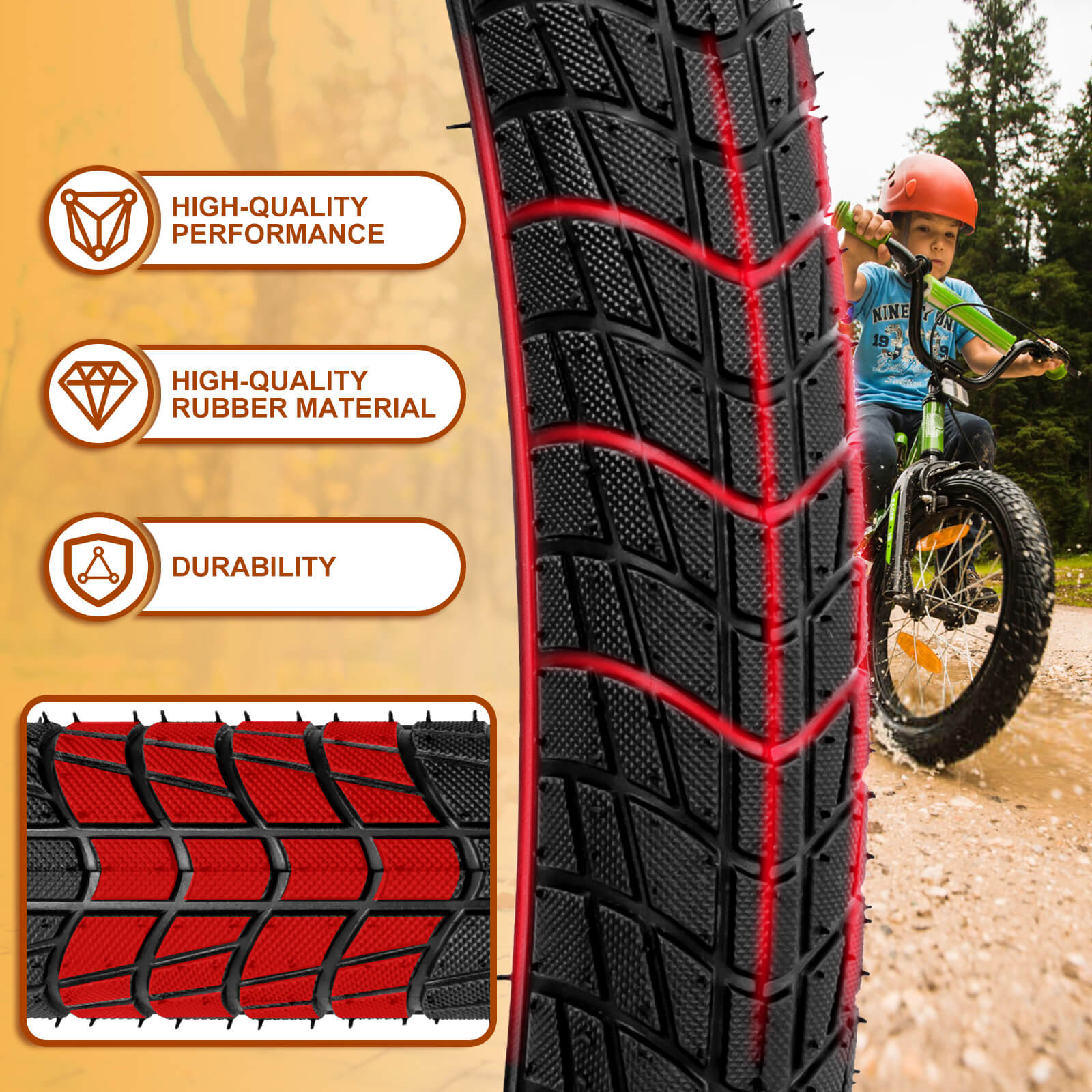 Hycline Endoin bicycle tires, 16x1.95 and 20x2.125 sizes, featuring durable rubber tread and sidewall details.