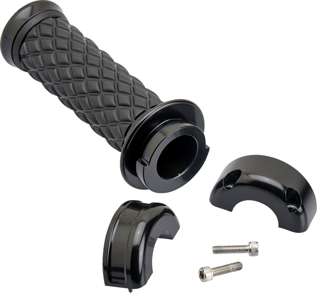 Black Alumicore motorcycle grips by Bill's Exhausts, featuring custom design and durable aluminum core.
