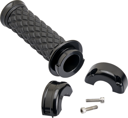 Black Alumicore motorcycle grips by Bill's Exhausts, featuring custom design and durable aluminum core.