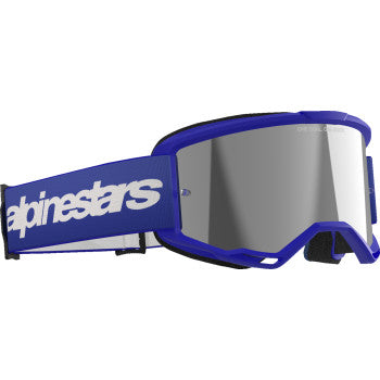 Alpinestars Vision 3 Goggle with blue frame and silver mirror lens, featuring a wordmark logo, designed for motocross or racing.