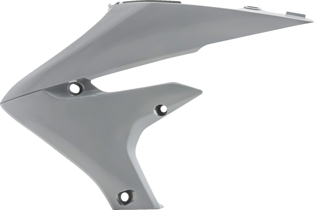 Gray Acerbis radiator shrouds for motorcycle body protection, designed by Bill's Exhausts, shown with detailed close-up and mounting features.