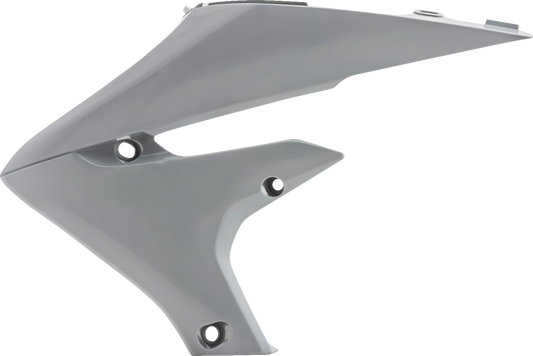 Gray Acerbis radiator shrouds for motorcycle body protection, designed by Bill's Exhausts, shown with detailed close-up and mounting features.