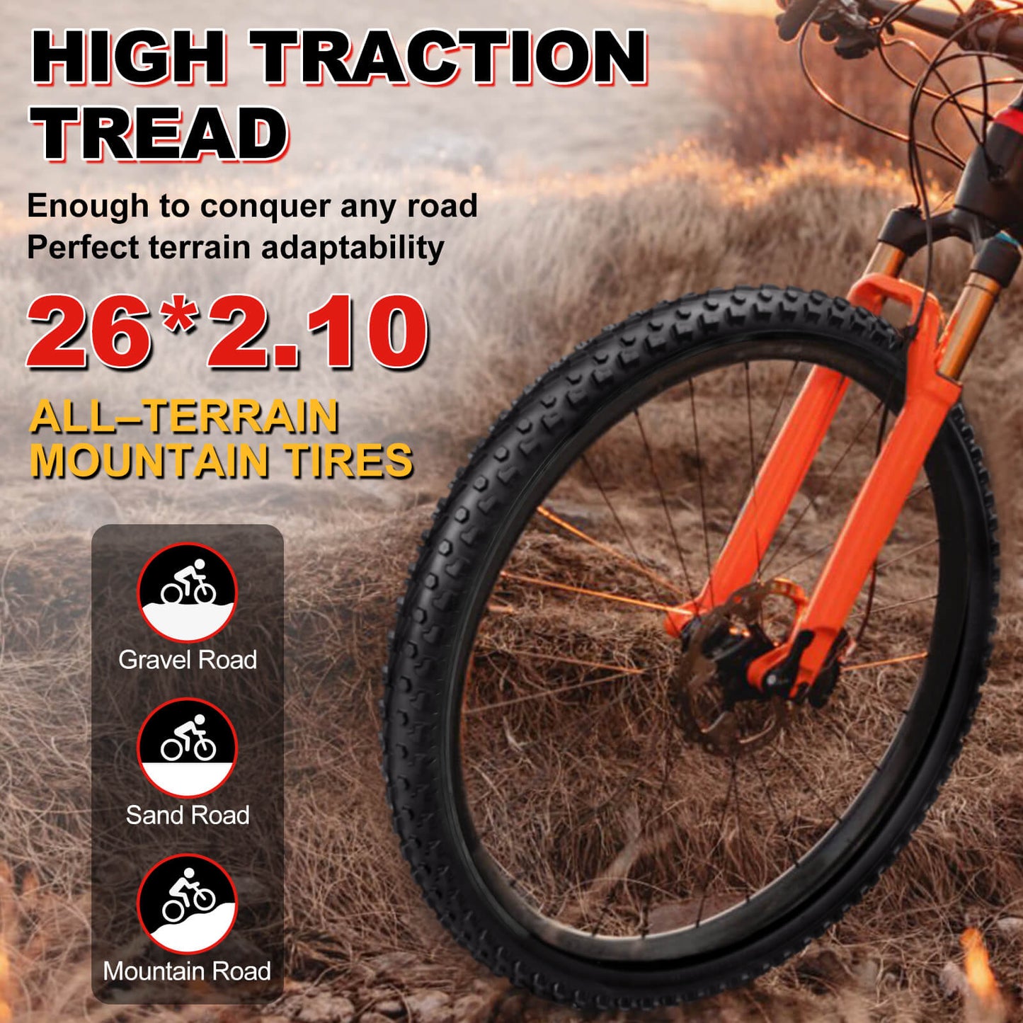 Hycline 26-inch mountain bike tire, Siege Rim 2.1-inch width, rugged tread for off-road cycling, durable rubber construction