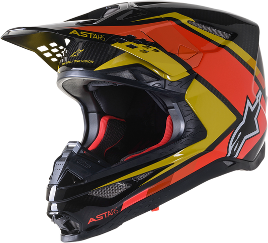 Alpinestars Supertech M10 Meta 2 helmet in black, yellow, and orange with MIPS® safety features, large size, front view