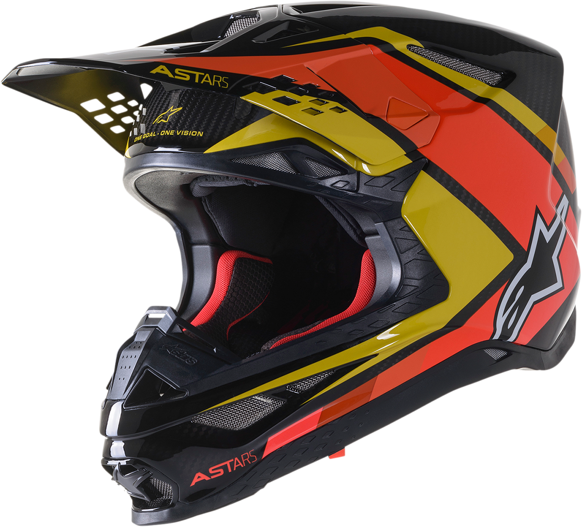 Alpinestars Supertech M10 Meta 2 helmet in black, yellow, orange with MIPS® safety system, small size, shown from side angle.