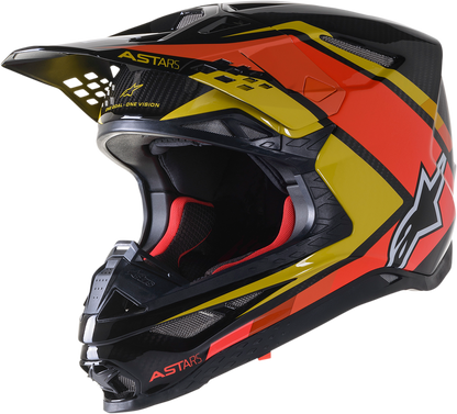 Alpinestars Supertech M10 Meta 2 helmet in black, yellow, and orange with MIPS® technology, size XL, shown from front angle.