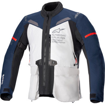 Alpinestars ST7 2L GTX motorcycle jacket in gray, blue, and black, shown in medium size with waterproof material and reflective details.