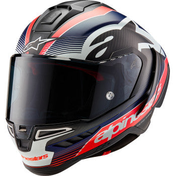 Alpinestars Supertech R10 motorcycle helmet in matte black, carbon red fluo, and blue with team design, small size.