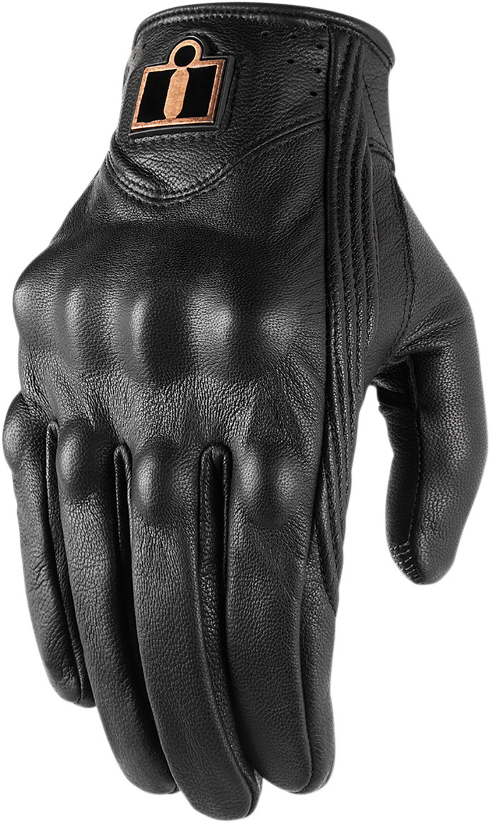 Black ICON Pursuit Classic™ Gloves in Medium from Bill's Exhausts, showing the textured leather surface and secure wrist closure.