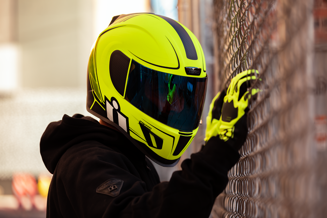 Bill's Exhausts ICON Airform™ Helmet Resurgent Hi-Viz XS with reflective surface and vibrant color for visibility and safety.