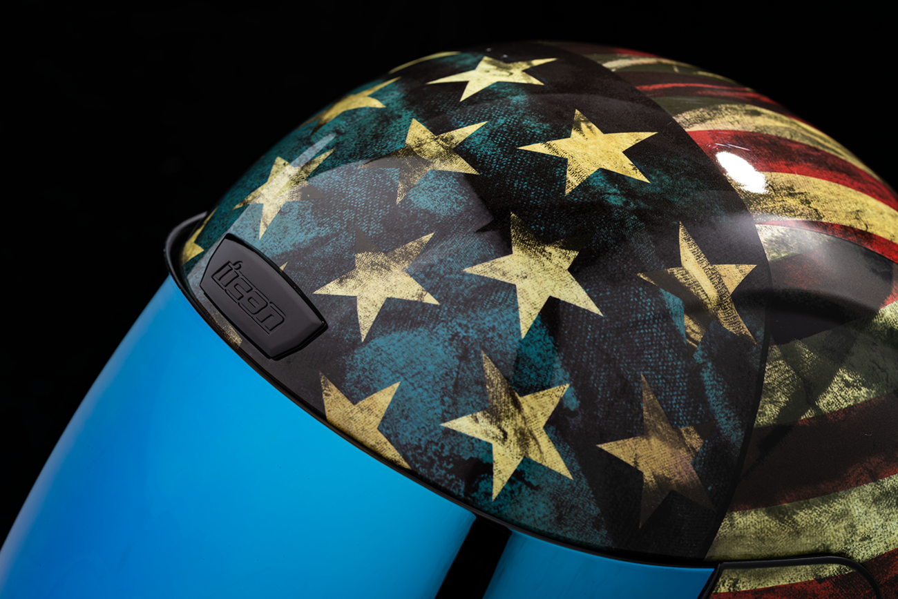 Bill's Exhausts ICON Airform™ Helmet in Old Glory design, 2XL size, featuring vibrant patriotic graphics and sleek helmet shape.