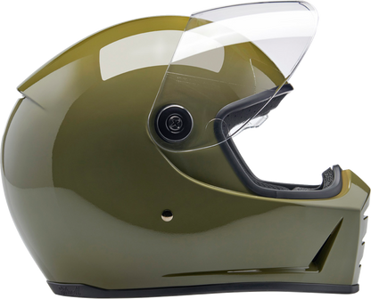 BILTWELL Lane Splitter helmet in glossy olive green, XS size, showcasing the full helmet design and matte finish.