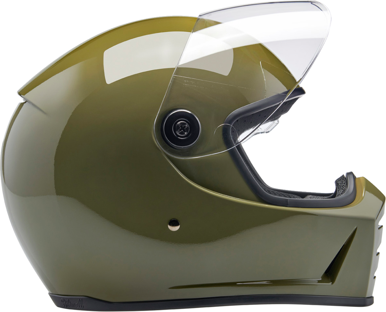 BILTWELL Lane Splitter helmet in gloss olive green, large size, featuring a sleek motorcycle helmet design with matte finish.
