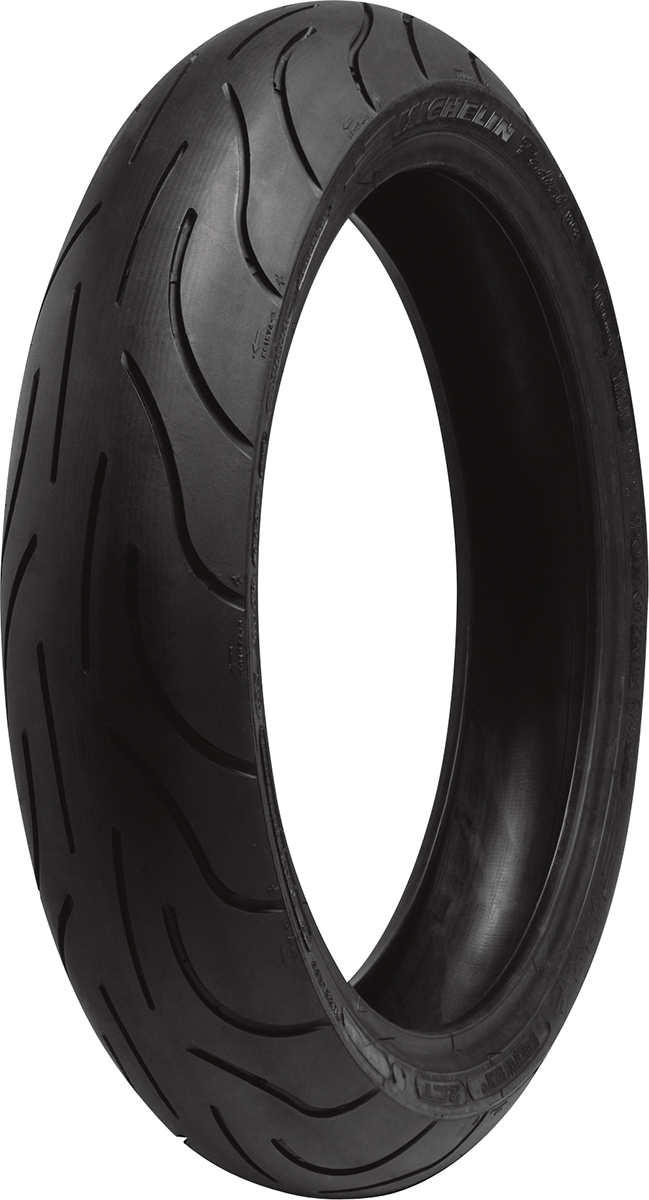 Michelin Pilot Power 2CT front motorcycle tire with 120/65ZR17 size and 56W load index, showing tread pattern and sidewall details.