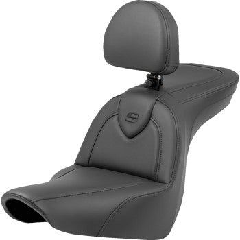 SADDLEMEN Roadsofa™ motorcycle seat with backrest in black with black stitching for FXLR and FLSB models 2018-2023, by Bill's Exhausts.
