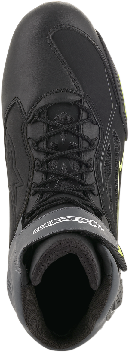 Alpinestars Faster-3 Drystar® motorcycle shoes in black, gray, and yellow with protective features, US size 12.