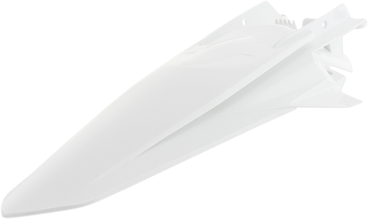 A white Acerbis rear fender for motorcycles, designed for durability and style, shown in a detailed close-up image.
