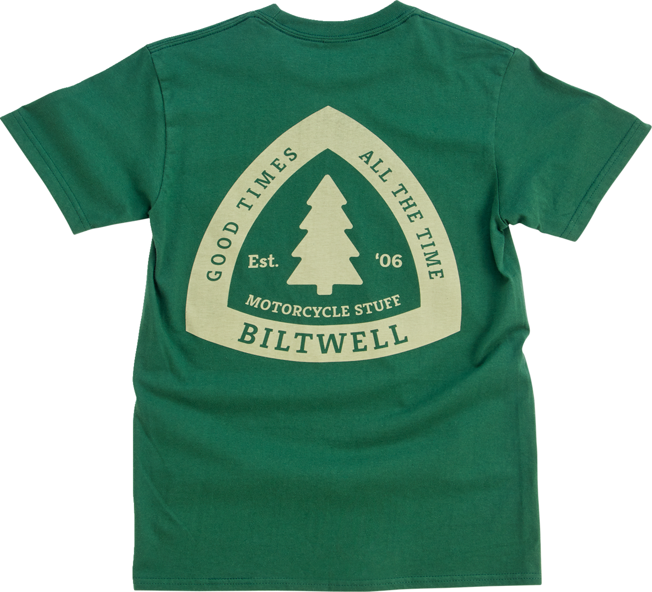 Olive BILTWELL Good Times T-Shirt in small size with front graphic design, made by Bill's Exhausts.