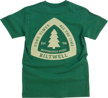 Olive BILTWELL Good Times T-Shirt in small size with front graphic design, made by Bill's Exhausts.