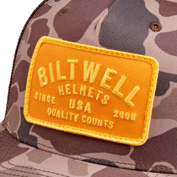 Bill's Exhausts BILTWELL Bark Hat in camo brown with a wide brim, featuring a rugged, outdoor-inspired design.