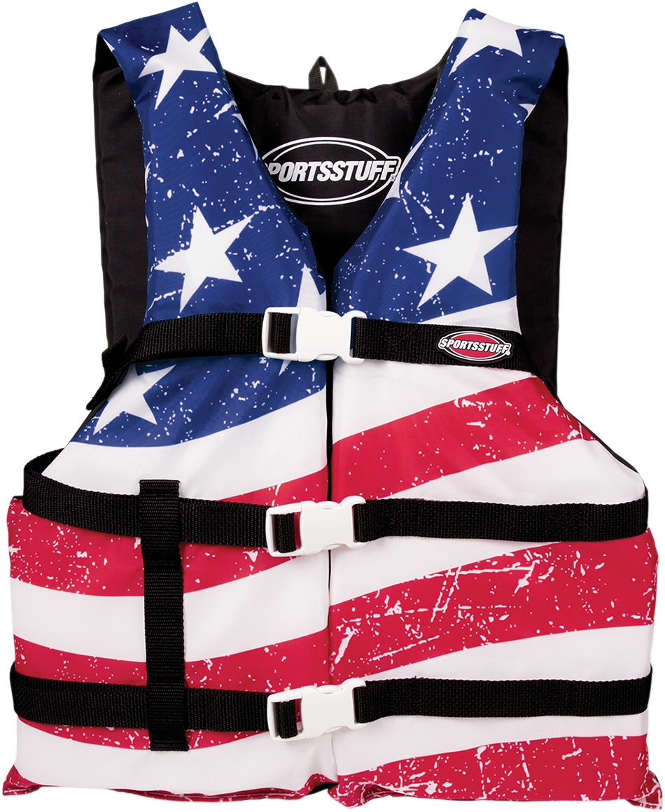 Bill's Exhausts Stars & Stripes PFD vest for water sports in red, white, and blue, size large, with adjustable straps and front zipper.