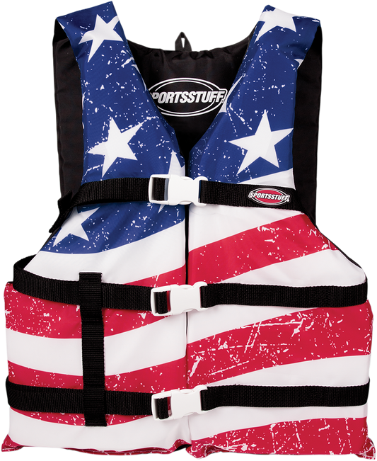 Bill's Exhausts Stars & Stripes PFD vest for water sports in red, white, and blue, size large, with adjustable straps and front zipper.