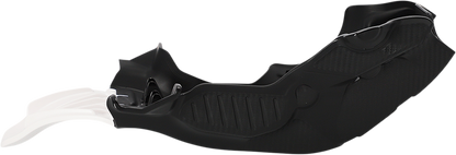 A black and white ACERBIS skid plate for Gas Gas, Husqvarna, and KTM motorcycles, designed to protect the body and underside.