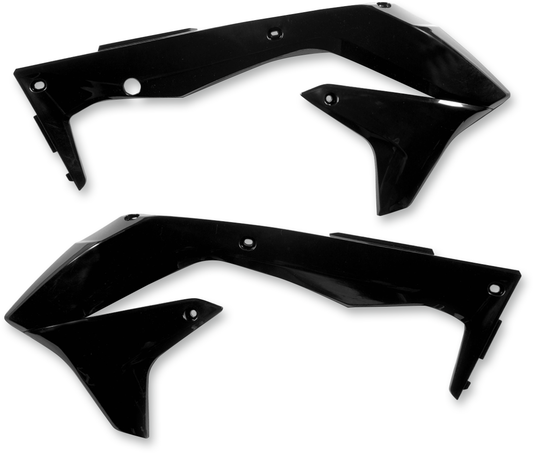 Black Acerbis radiator shrouds for motorcycle body protection, designed for durability and a sleek look.