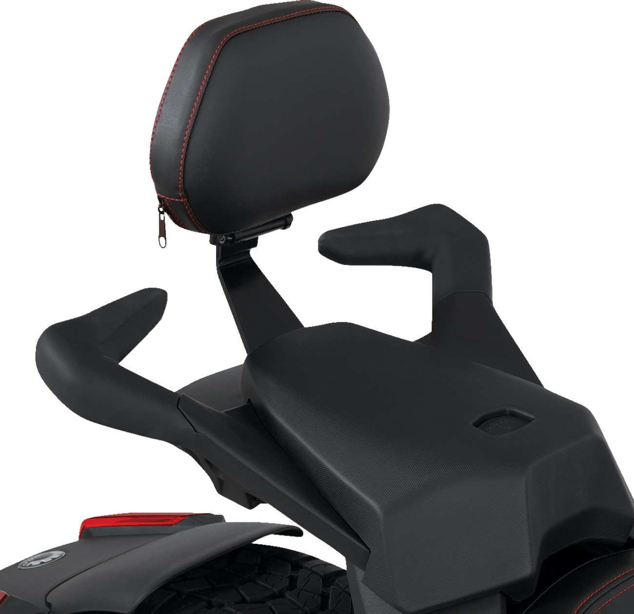 Black passenger backrest with red stitching for Ryker 2020-2022, smooth design, compatible with Bill's Exhausts Show Chrome engine.
