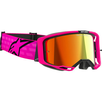 Alpinestars Vision 8 goggles with pink frame and red mirror lenses, designed for motocross or off-road riding.